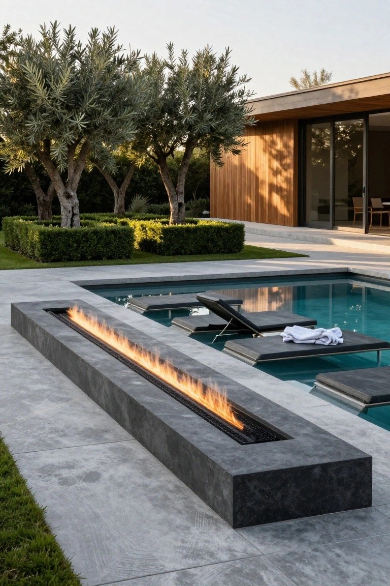 Long linear gas fire pit recessed into gray stone paving along the edge of a rectangular pool, with black loungers nearby, boxwood hedges, olive trees, and a cedar-clad house in the background.