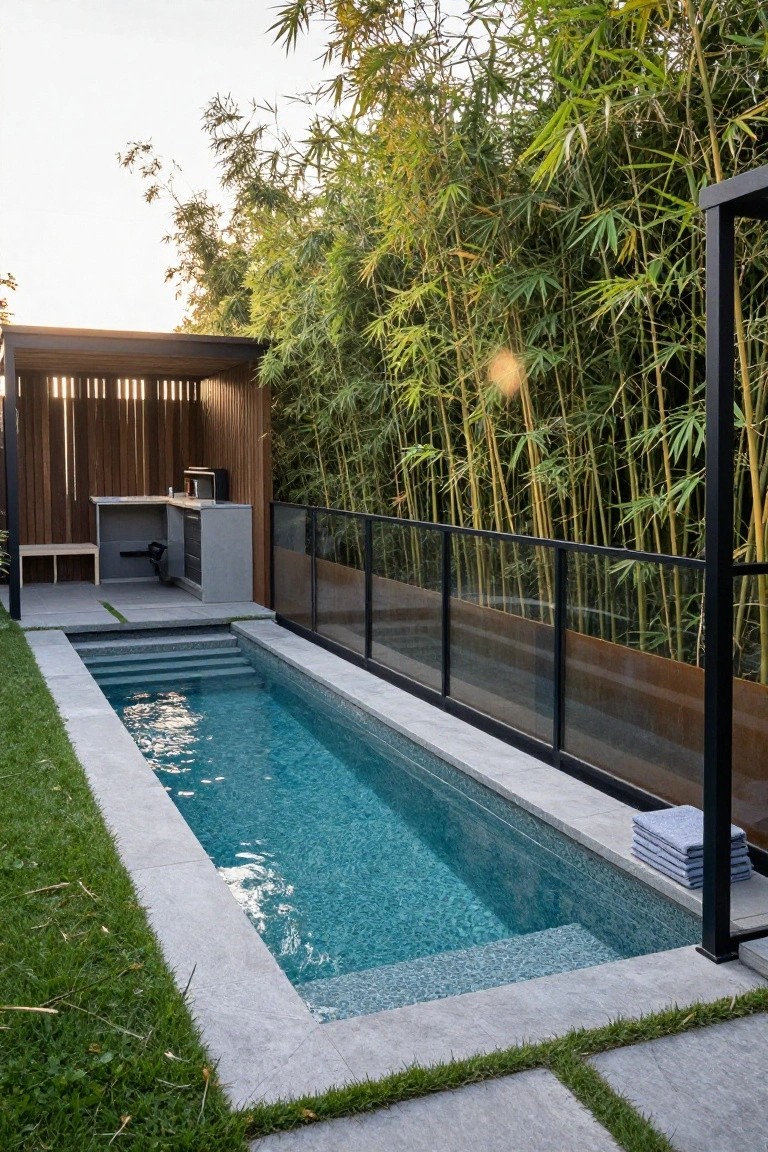 Narrow turquoise lap pool recessed into a concrete deck edged by grass, enclosed by black metal-framed glass panels, with dense bamboo screening and an adjacent wooden outdoor kitchen structure.