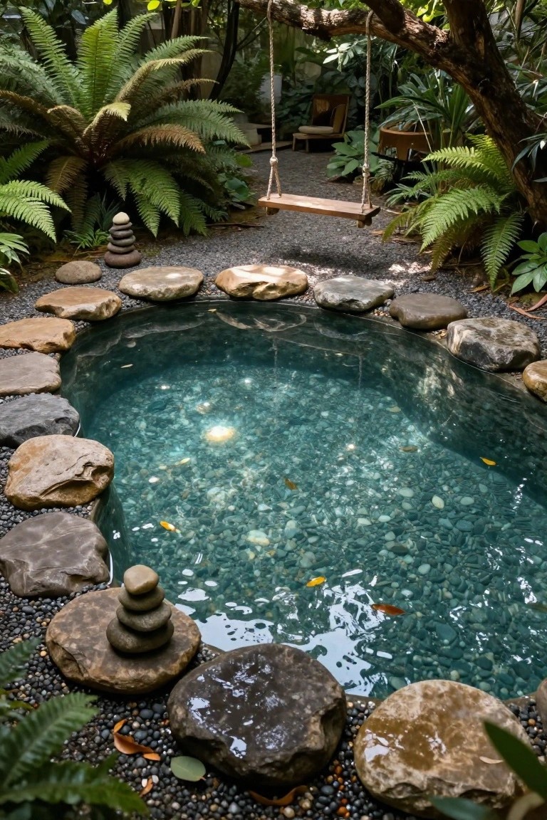 A recessed oval pool with clear turquoise water containing koi fish and pebbles on the bottom, edged by irregularly shaped natural stones, surrounded by gravel, ferns, stacked rocks, and a wooden swing in a lush garden.