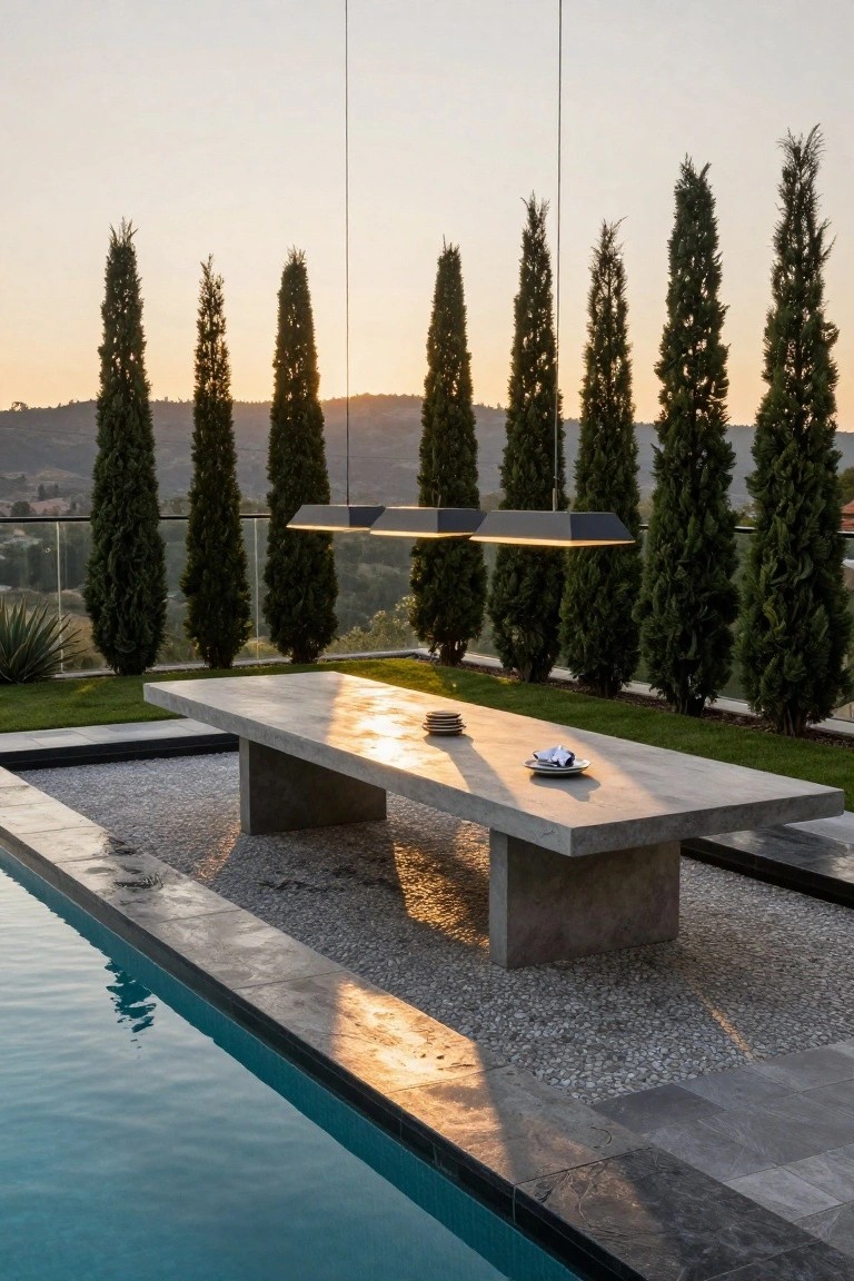 Long rectangular concrete dining table positioned directly adjacent to a recessed pool edge, with two suspended pendant lights above the table, tall cypress trees in the background, glass railing, and hillside view at sunset.