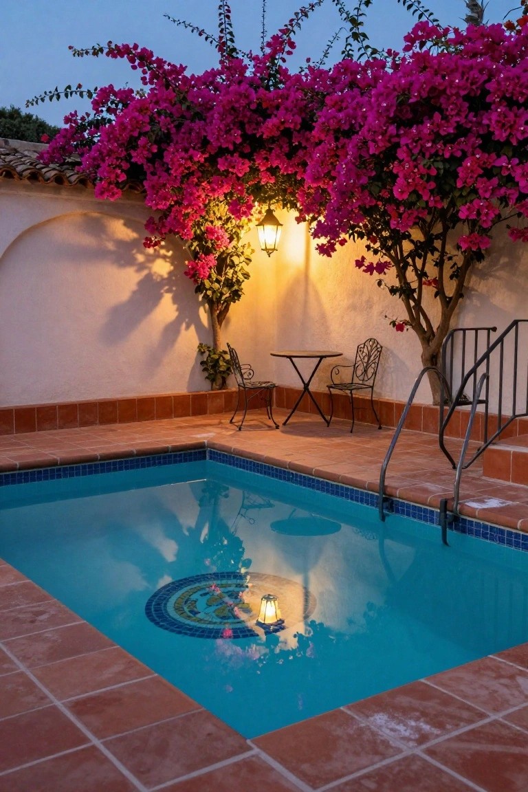 Small recessed swimming pool with blue water and central mosaic tile design at dusk, adjacent wrought-iron bistro table and two chairs on terracotta tiles, white stucco wall with bougainvillea vines and hanging lantern light.