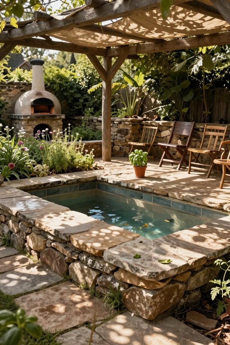 Small turquoise-tiled recessed pool surrounded by dry-stacked stone walls and limestone pavers in a shaded wooden pergola structure with Adirondack chairs, potted basil, flowers, and a stone pizza oven nearby.
