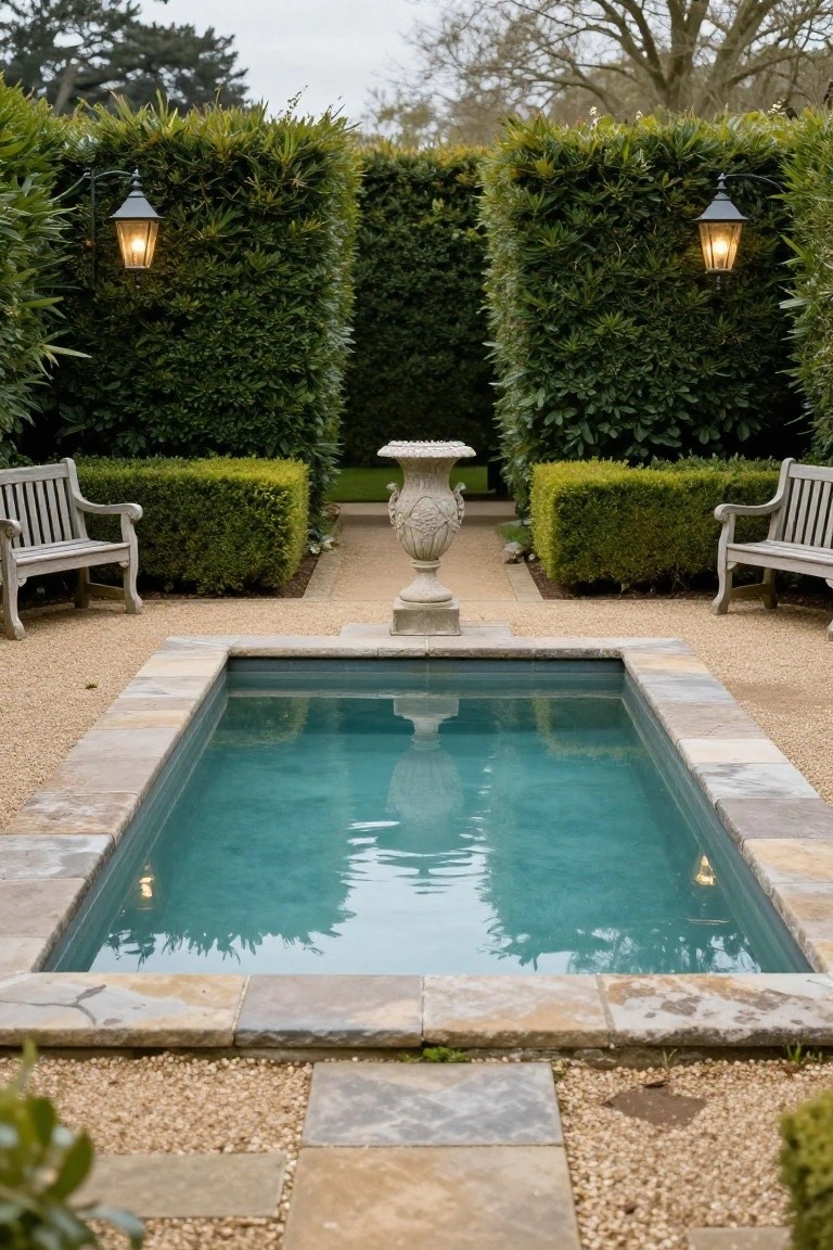 Small rectangular turquoise pool recessed into a gravel courtyard enclosed by tall green hedges, with wooden benches on two sides, a stone urn on a pedestal nearby, and lanterns mounted on the hedges.