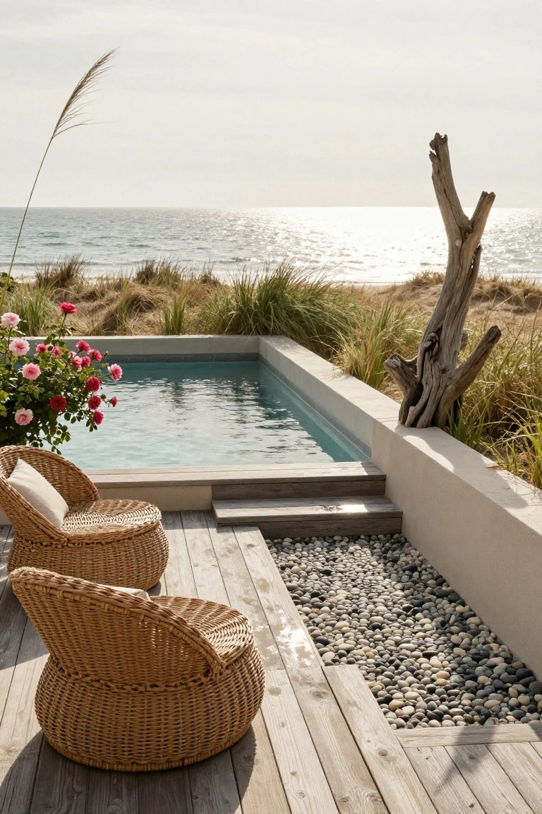 Turquoise recessed pool flush with a wooden deck, surrounded by white walls, gray pebbles, two round wicker chairs with cushions, pink rose bush, driftwood, dune grass, and ocean in the background.