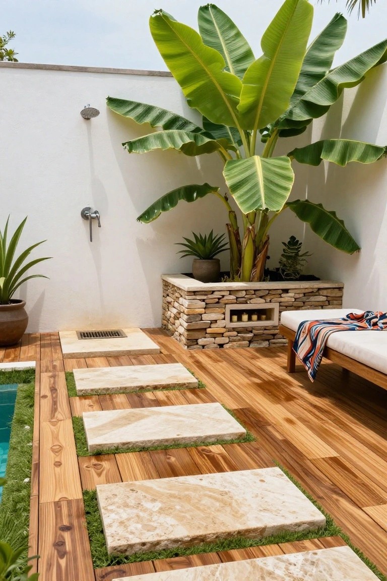 Recessed swimming pool edged with wooden decking and large beige stone slabs stepping into the water, surrounded by green grass strips, tropical plants including a banana tree, an outdoor shower on a white wall, and a lounge bed nearby.