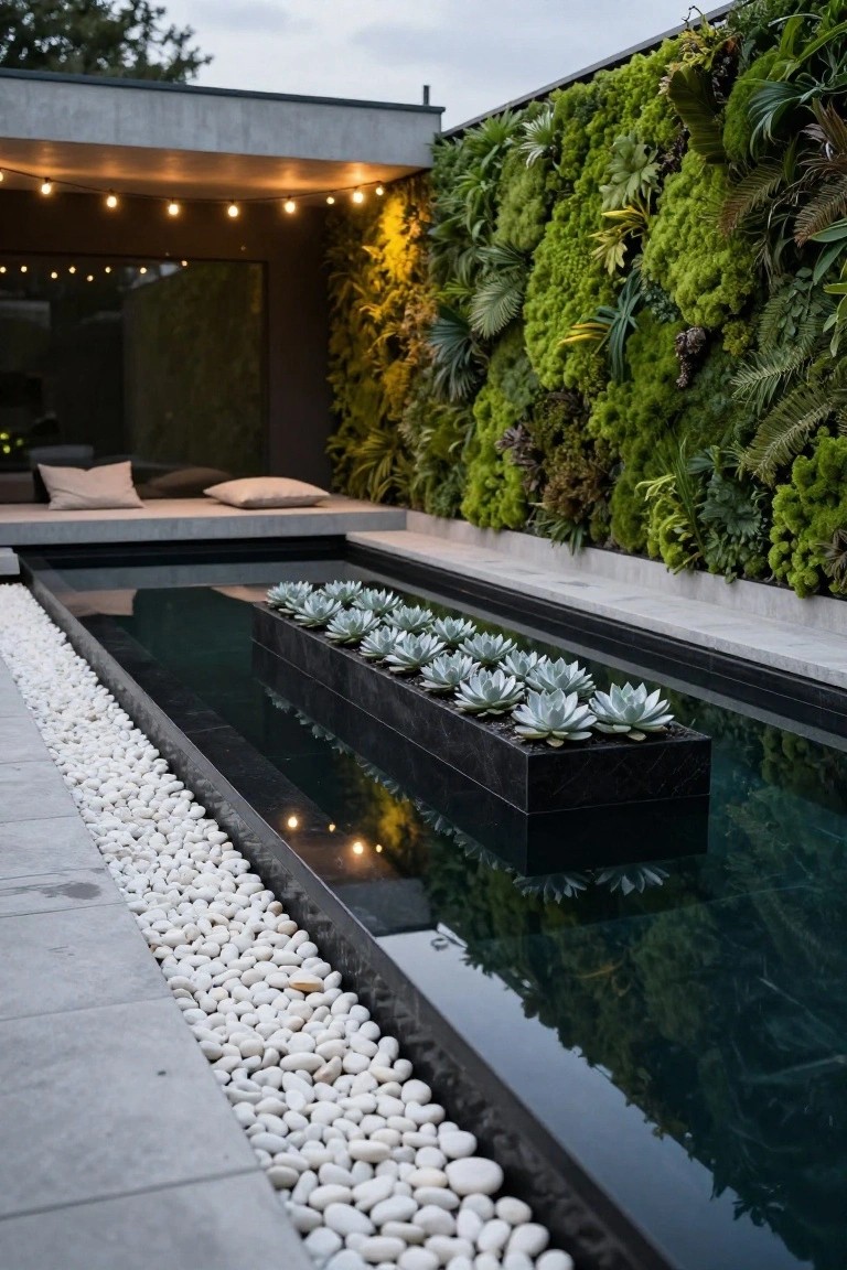 Narrow recessed black pool in a concrete outdoor patio with central black planter box of agave succulents, white pebble edges, concrete bench seating, lush green plant wall backdrop, and string lights overhead.