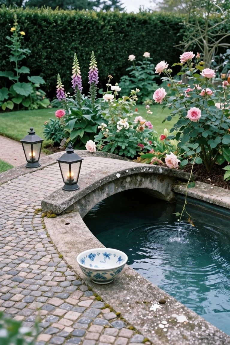 Stone arch bridge with lanterns spans a small recessed pond featuring a bubbling fountain, surrounded by gardens with pink roses, foxgloves, and greenery, with a blue and white bowl on the adjacent cobblestone path.