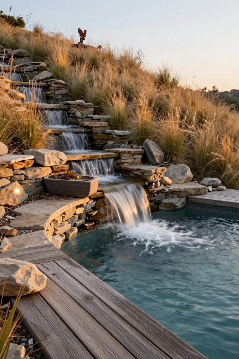 Recessed swimming pool with multi-tiered natural stone waterfall cascading into the water, surrounded by tall grasses, rocks, and a wooden deck on a grassy hillside at sunset.