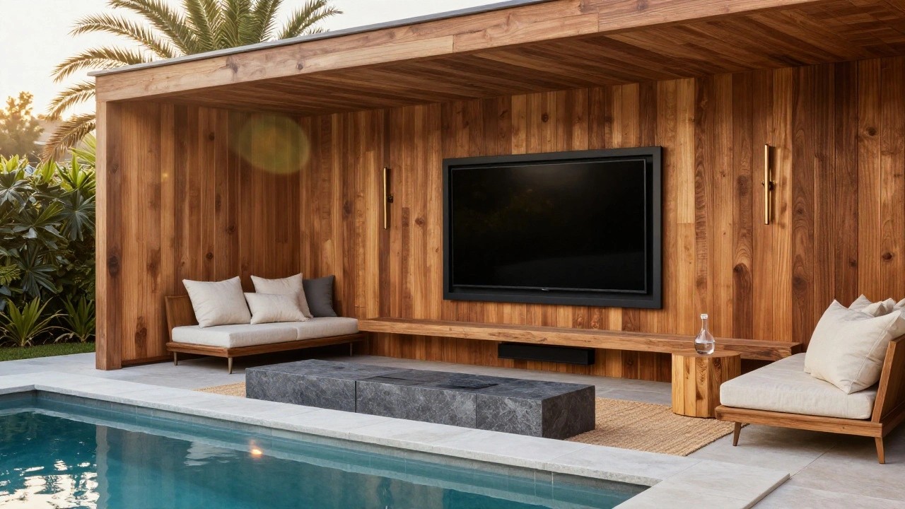 Wooden pergola enclosure with vertical plank walls, a large black-framed TV mounted above a slim fireplace in a dark marble base, white upholstered sofas on either side of a low wooden coffee table on a rug, overlooking a turquoise tiled swimming pool.