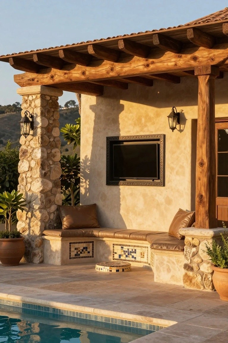 Wooden pergola with exposed beams over a built-in cushioned bench on a stone base next to a pool, with a wall-mounted TV on stucco wall, lanterns, plants, and potted greenery.