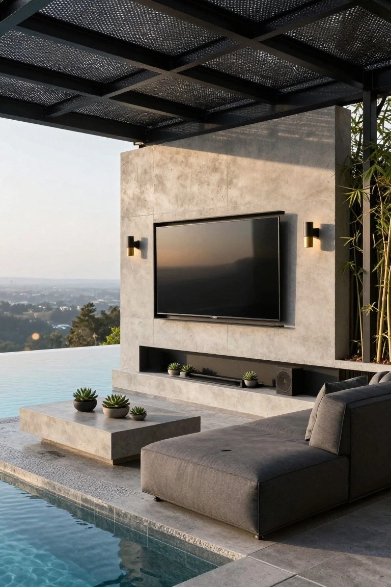 Outdoor poolside lounge under black metal pergola with mesh roof, featuring gray concrete wall with recessed flat-screen TV, wall lights, media shelf with speaker, succulents on low concrete table, gray L-shaped sofa, and infinity pool edge overlooking distant hills and trees.