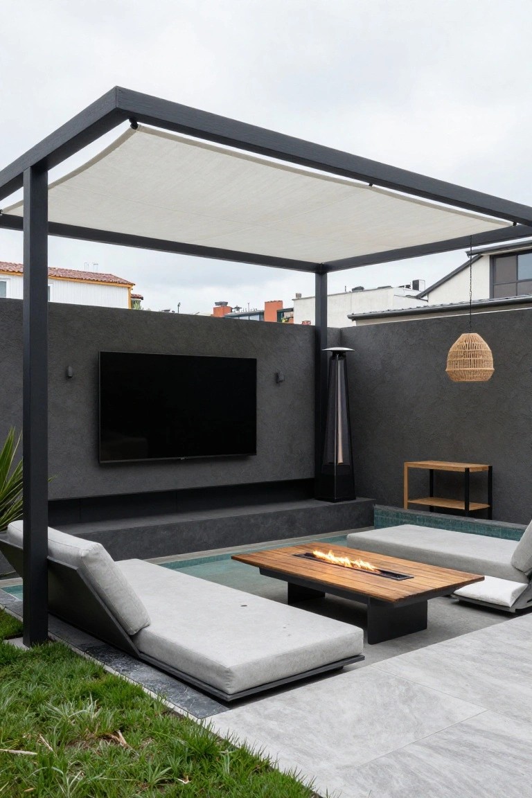 Black metal pergola with white shade cloth over outdoor lounge area featuring large wall-mounted TV on gray wall, linear wood fire table with flames, white modular loungers beside small rectangular pool, gray walls, potted plants, and surrounding houses.