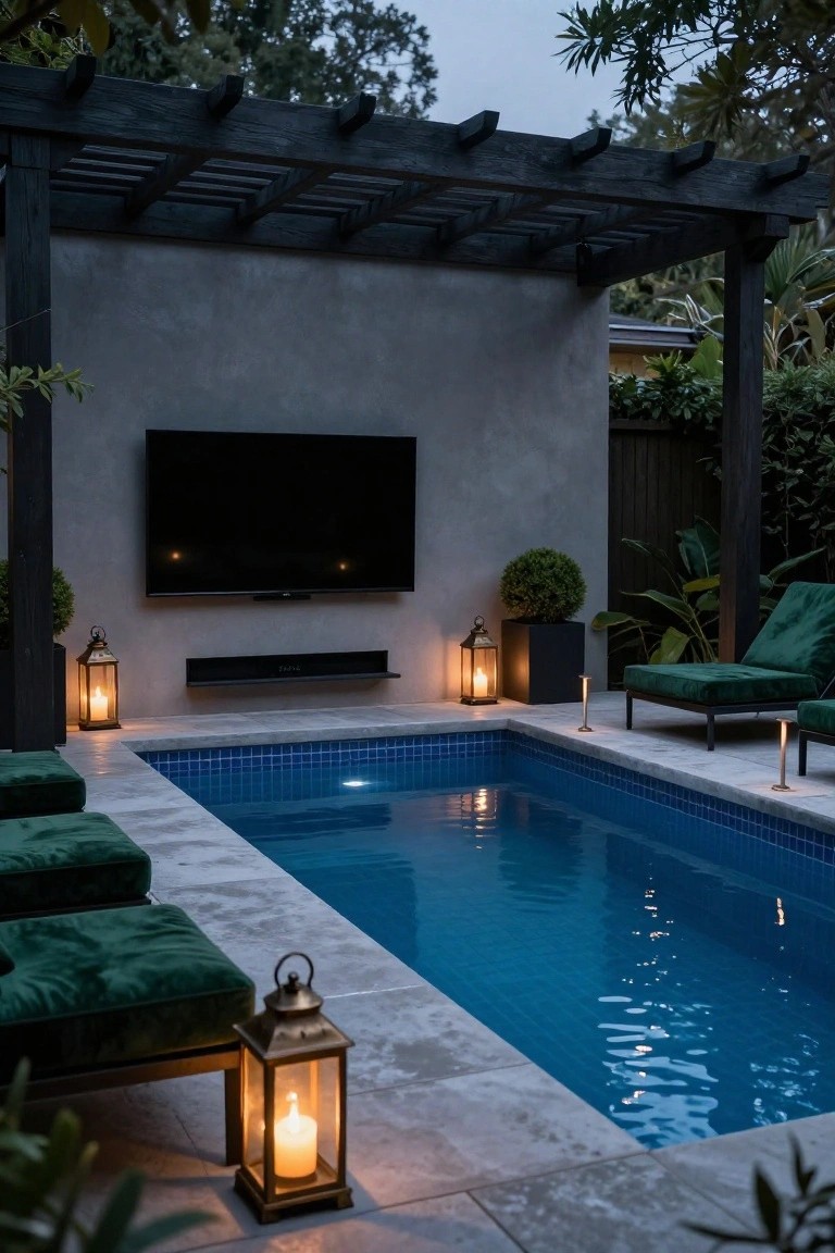 Small rectangular blue-tiled pool under black timber pergola with wall-mounted black TV on gray concrete wall, green velvet loungers on travertine paving, lit metal lanterns, and potted plants.