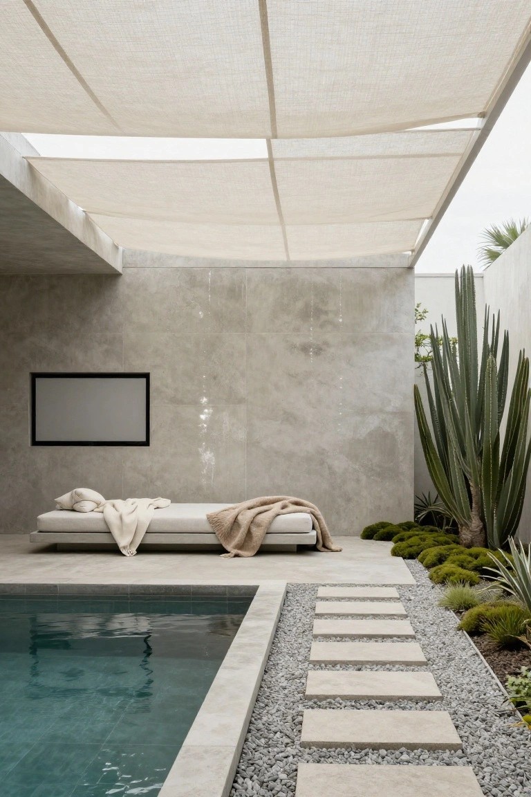 Modern outdoor pool area under beige linen canopy with low beige daybed and blankets against concrete wall holding black-framed TV, tall cacti plants, low greenery, gravel ground, and stone steps to turquoise pool.