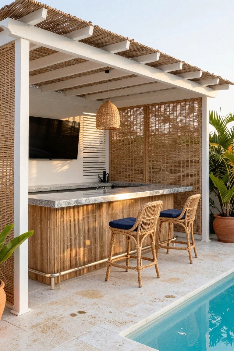 Outdoor bar with gray stone countertop and bamboo wrapping under a white pergola with thatched roof, featuring a wall-mounted TV, two rattan bar stools with blue cushions, and a turquoise pool nearby.