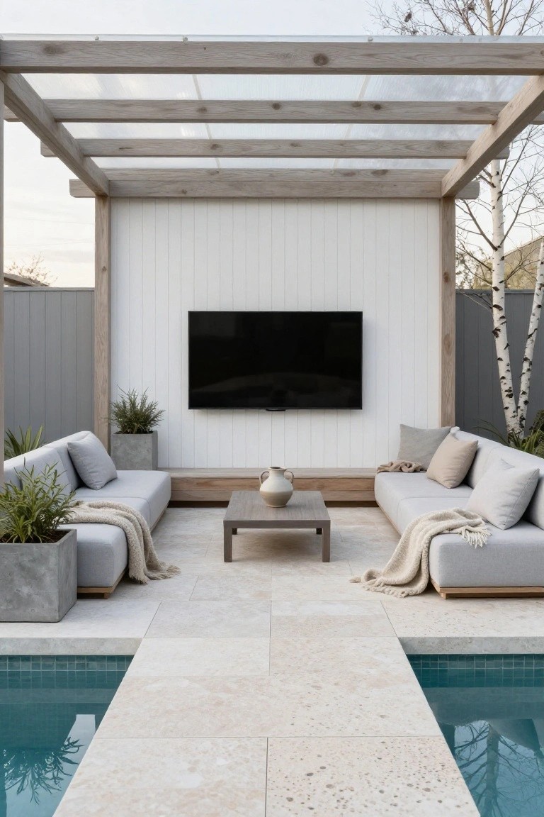 Outdoor pergola with timber beams and glass roofing over L-shaped gray outdoor sofas facing a wall-mounted black TV on white shiplap wall, wooden coffee table, potted plants, and pool edged in light stone paving.