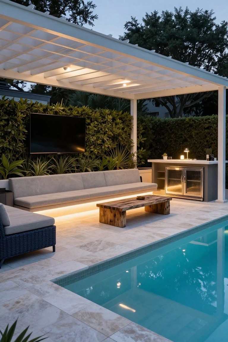 White pergola shading an outdoor lounge area next to a turquoise pool at dusk, with gray L-shaped sofa, wood coffee table, wall-mounted TV on green plant wall, bar cabinet with fridge, and underlit flooring.
