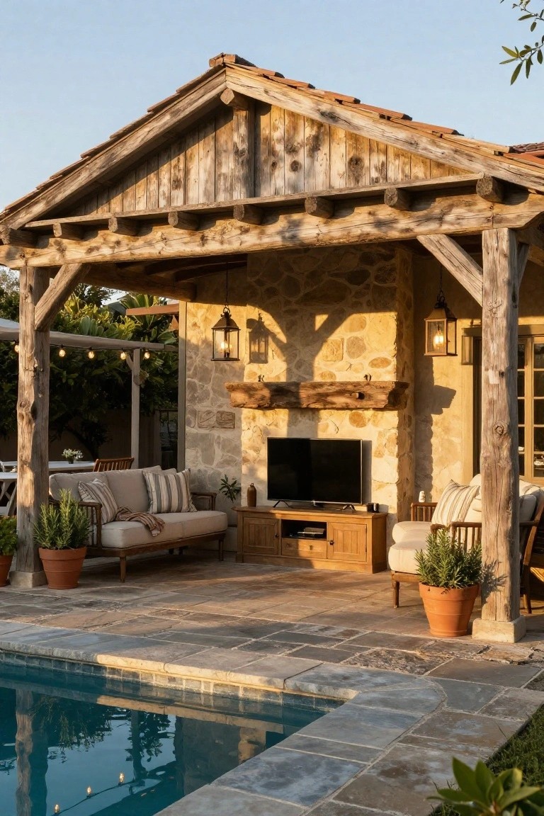 Rustic wooden pergola with exposed beams over a stone wall fireplace and mounted TV, flanked by beige sofas and potted plants on a stone deck beside a rectangular pool.