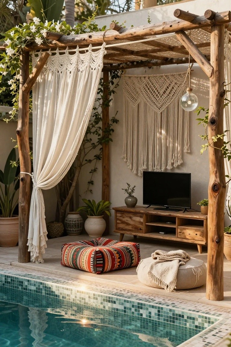 Wooden pergola with sheer white curtains, macrame wall hangings, a black flat-screen TV on a wooden cabinet, colorful floor cushions, plants in pots, and a turquoise-tiled pool edge.