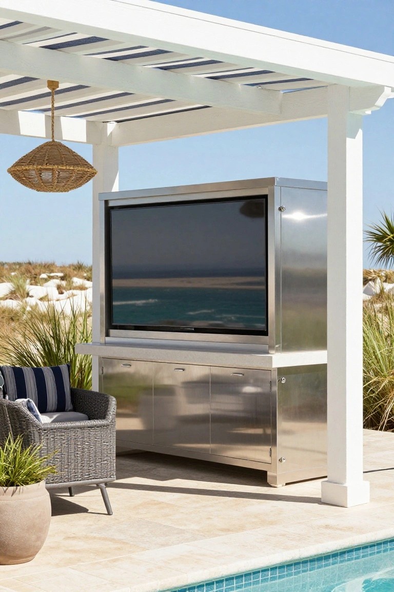Stainless steel outdoor TV cabinet under a white pergola with blue striped ceiling panels, positioned next to a pool with ocean dunes, beach grass, and potted plants in view.