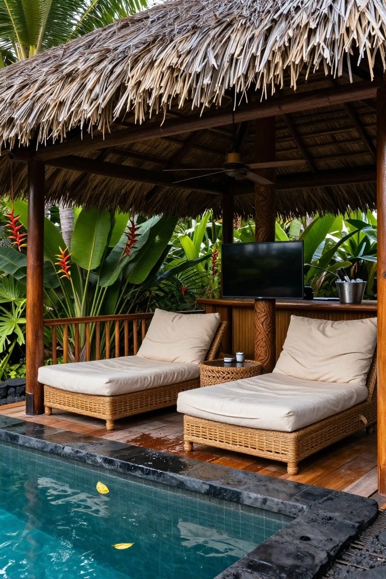 Thatched pergola roof over a pool deck with two beige cushioned lounge chairs on a wooden floor, a bar counter with mounted TV screen, ice bucket with bottles, side table, and tropical plants and palms nearby.