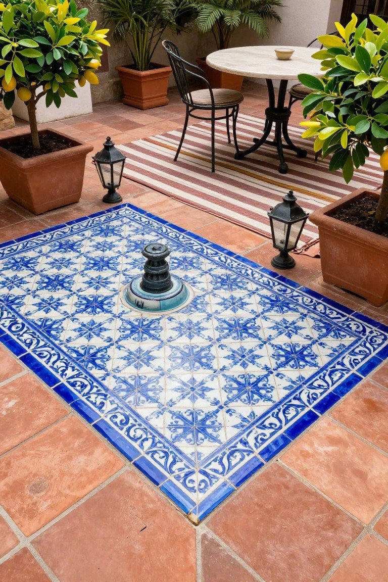 21 Unique Inground Pool Coping Ideas That Refresh Your Space Outdoor terracotta-tiled patio with a central blue and white patterned tile fountain basin, potted lemon trees, metal lanterns, striped rug, and small bistro table with chairs.