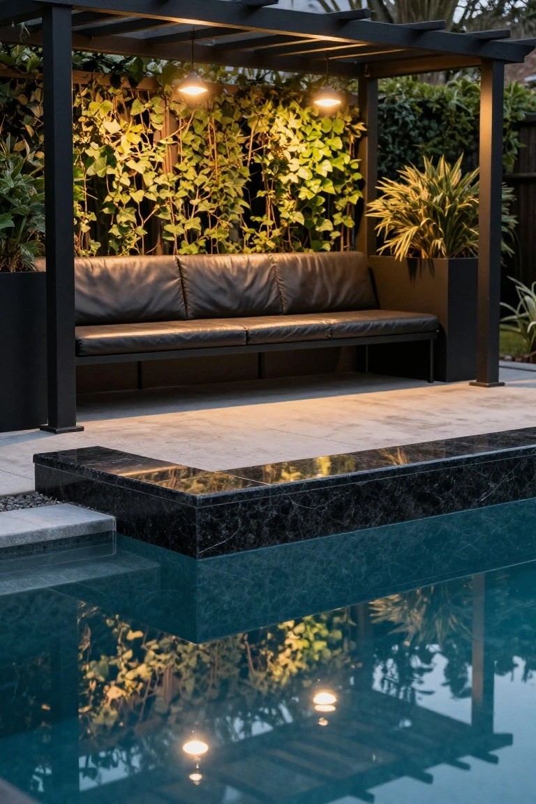 21 Unique Inground Pool Coping Ideas That Refresh Your Space Inground pool with black marble coping edged by light stone pavers, a black metal pergola sheltering a leather bench, ivy-covered walls, potted plants, and warm pendant lights reflected in the water.