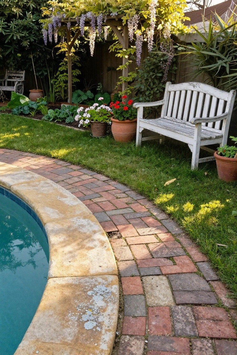 21 Unique Inground Pool Coping Ideas That Refresh Your Space Inground pool with beige stone coping edged by a curved red brick paver path next to grass, plants, and a white wooden bench.
