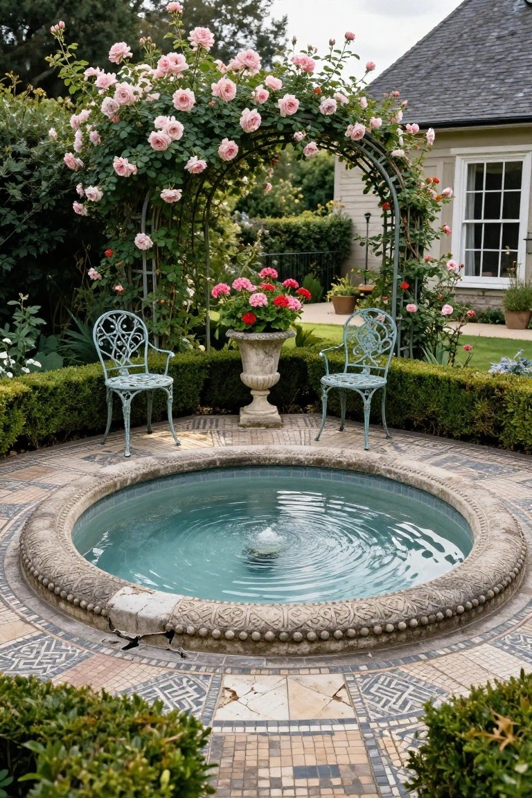 21 Unique Inground Pool Coping Ideas That Refresh Your Space Small round inground pool with ornate carved stone coping, turquoise water and fountain, surrounded by mosaic tiles, flanked by two green metal chairs, rose-covered arch, hedges, and house in background.