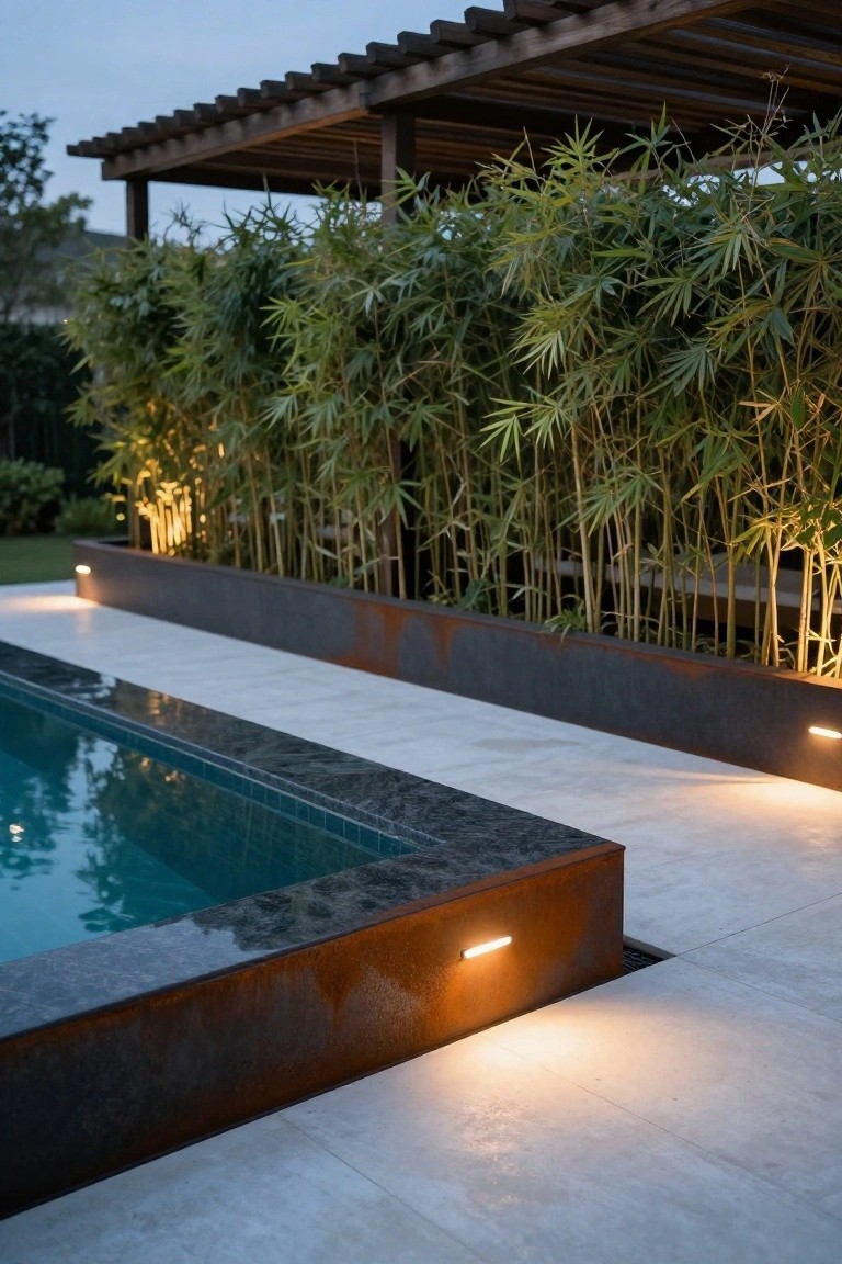 21 Unique Inground Pool Coping Ideas That Refresh Your Space Inground swimming pool with dark stone coping edged by rusted corten steel raised planters filled with bamboo, low-voltage lights in the metal boxes, and a light-colored tiled deck.