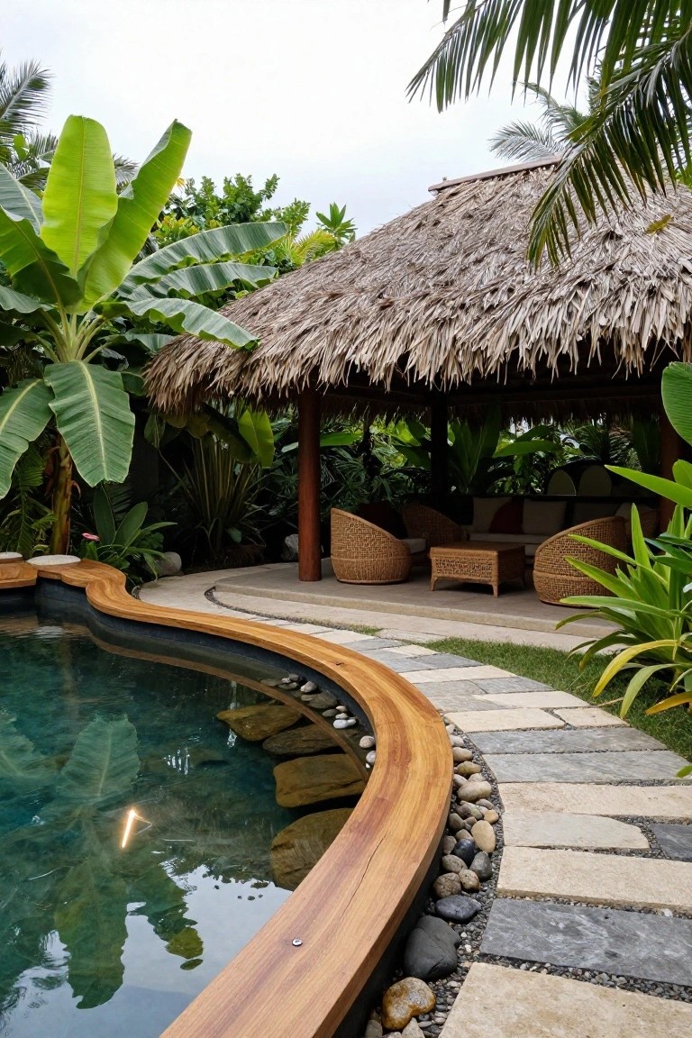 21 Unique Inground Pool Coping Ideas That Refresh Your Space Curved inground pool with smooth wooden coping edged in flat stones and pebbles, next to a thatched pavilion with wicker seating amid tropical plants and palms.