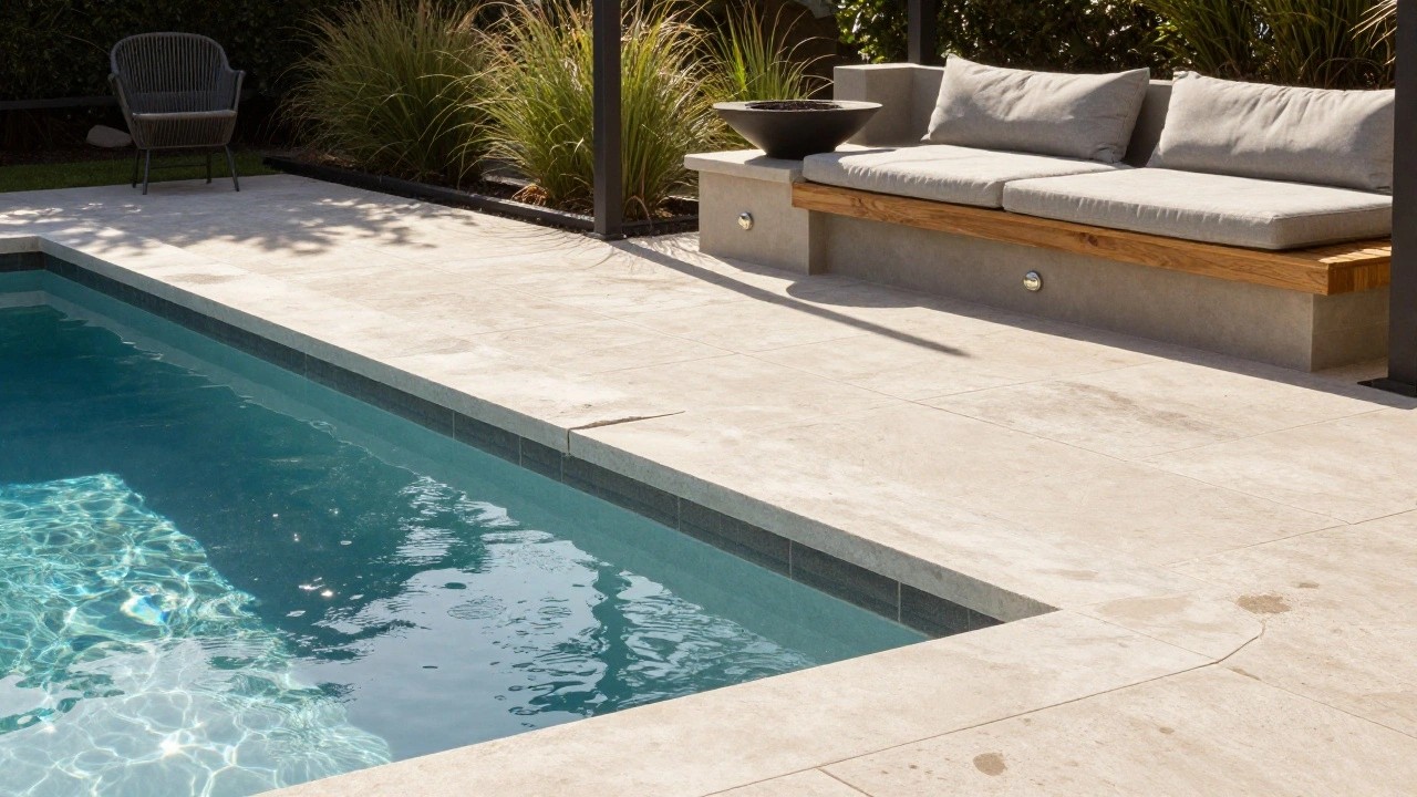 Close-up of a pool edge with light beige porcelain tiled coping and thin joints next to turquoise water, beige pavers extending to wooden lounge chairs, tall grasses, a black fire bowl, and pergola structure in a backyard at dusk.