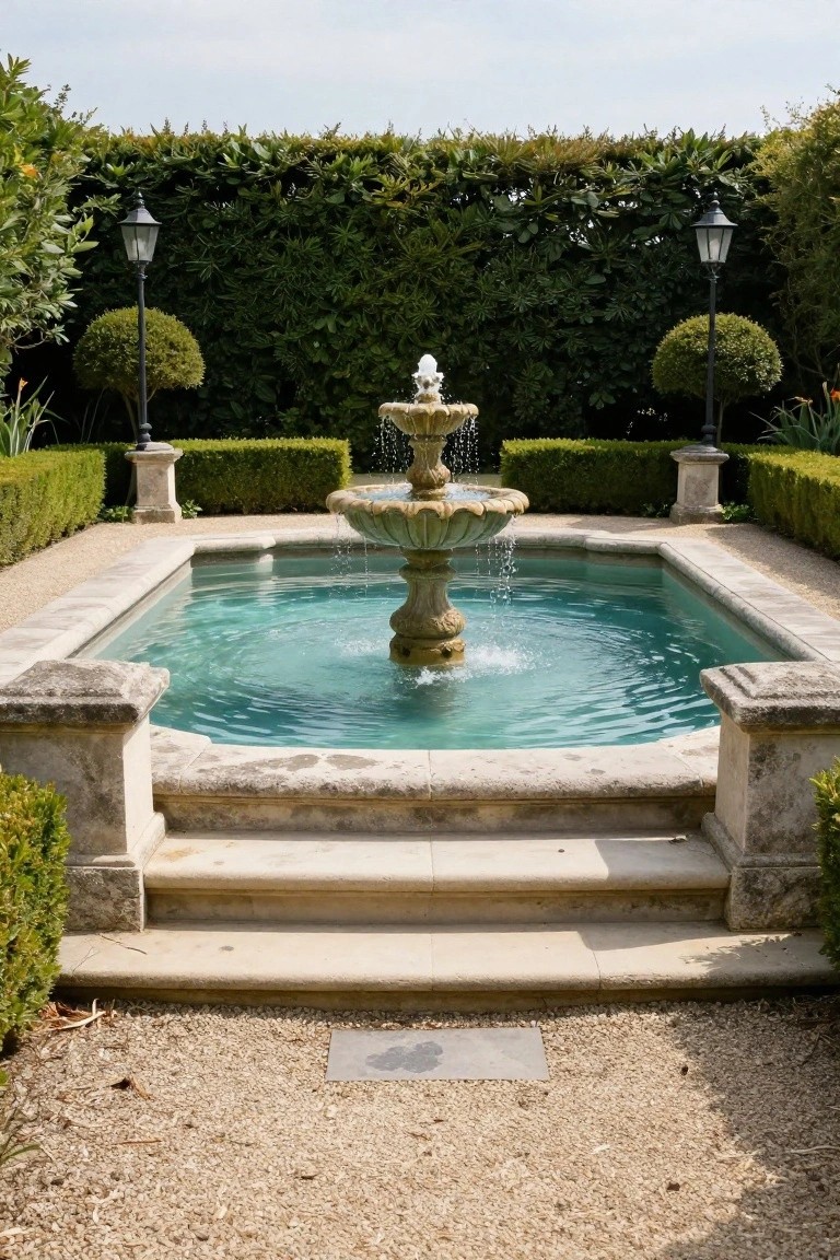 21 Unique Inground Pool Coping Ideas That Refresh Your Space Small square inground pool with central stone fountain, light stone coping, surrounded by boxwood hedges, stone steps, gravel path, and iron lanterns against a tall hedge backdrop.