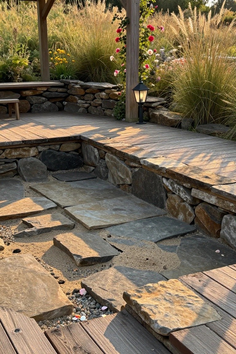 21 Unique Inground Pool Coping Ideas That Refresh Your Space Irregular gray flagstone slabs laid in gravel beside a wooden deck platform, with dry-stacked stone walls, ornamental grasses, roses climbing a pergola post, and a black metal lantern light.