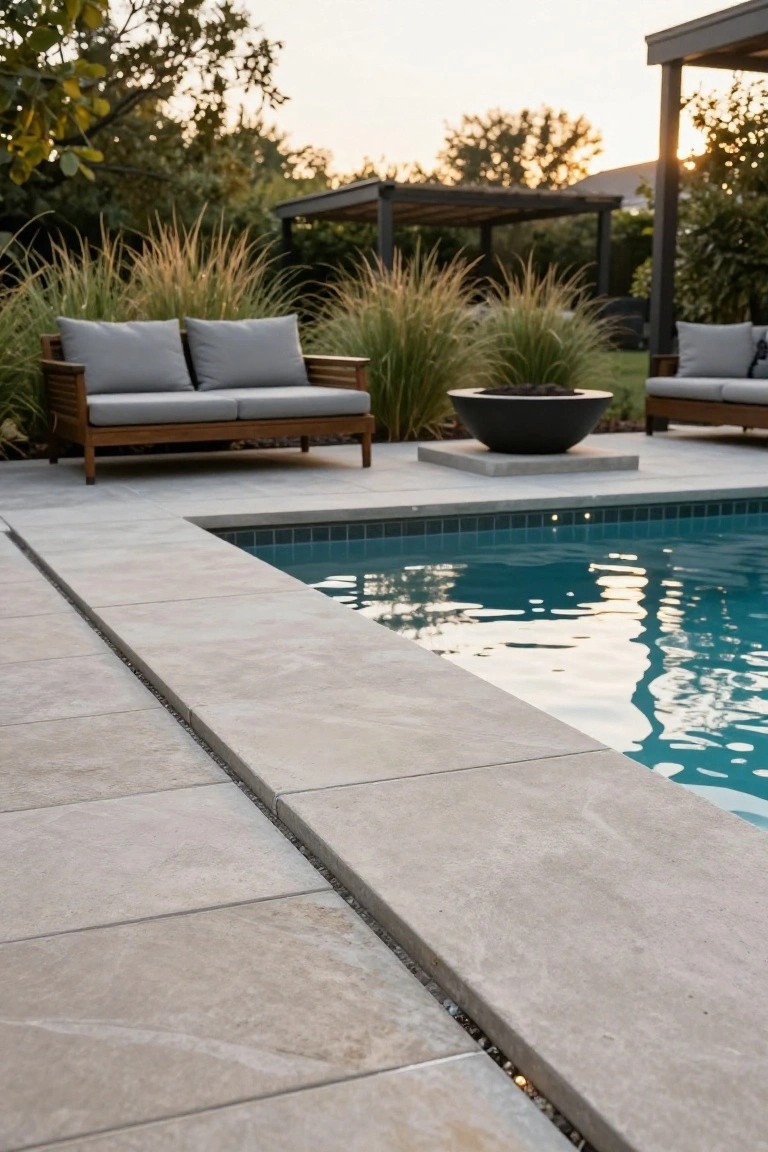 21 Unique Inground Pool Coping Ideas That Refresh Your Space Close-up of a pool edge with light beige porcelain tiled coping and thin joints next to turquoise water, beige pavers extending to wooden lounge chairs, tall grasses, a black fire bowl, and pergola structure in a backyard at dusk.