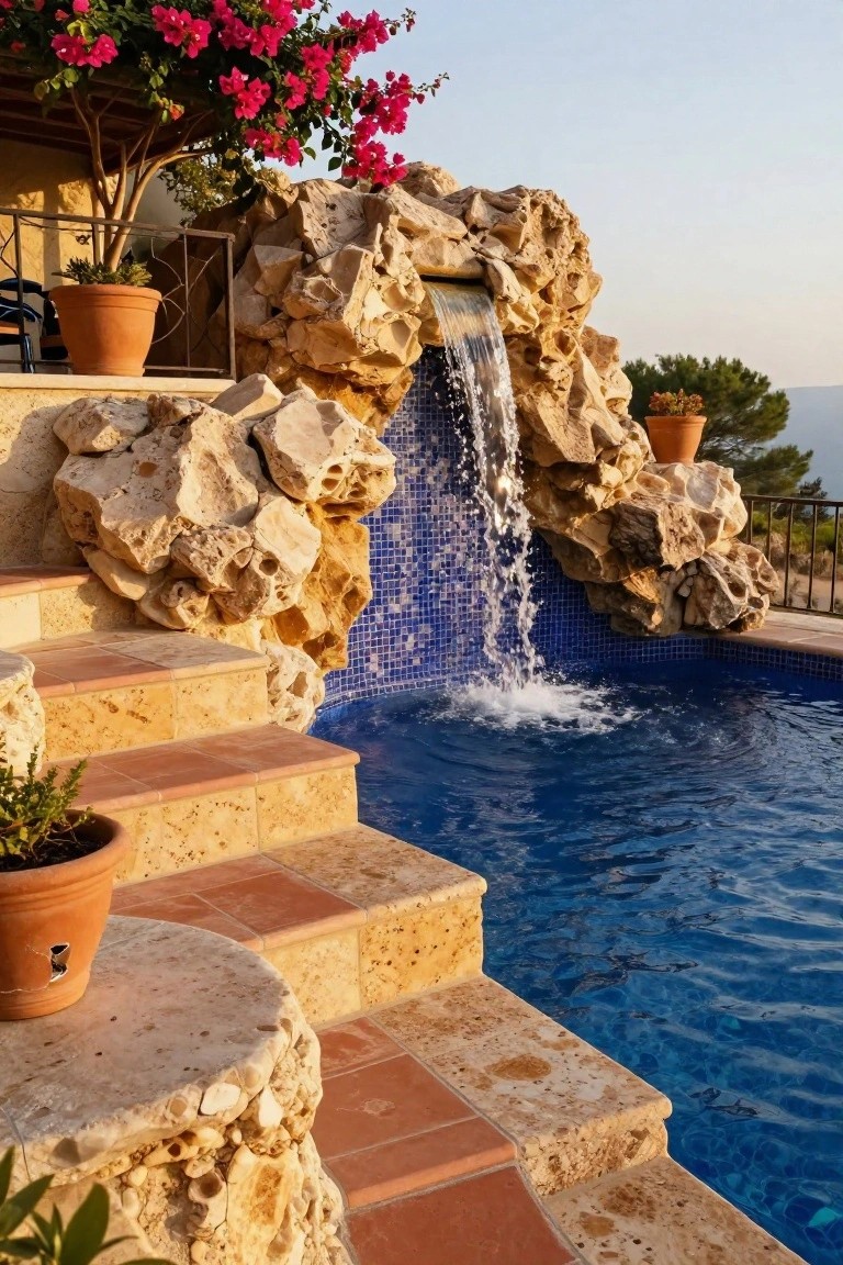 21 Unique Inground Pool Coping Ideas That Refresh Your Space Inground swimming pool with beige terracotta tiled steps and coping edged by large rugged rock formations, featuring a waterfall cascading from rocks into blue mosaic-tiled water, potted plants nearby, and a balcony with railing above.