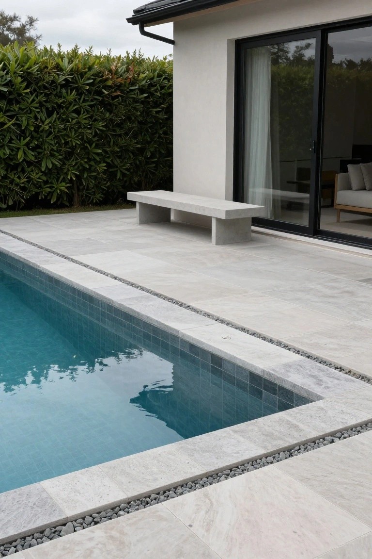 21 Unique Inground Pool Coping Ideas That Refresh Your Space Inground pool with blue mosaic tiles edged by gray stone coping featuring a pebble-filled strip, wide gray pavers on the patio, concrete bench nearby, glass sliding doors on a white house wall, and tall green hedge backdrop.