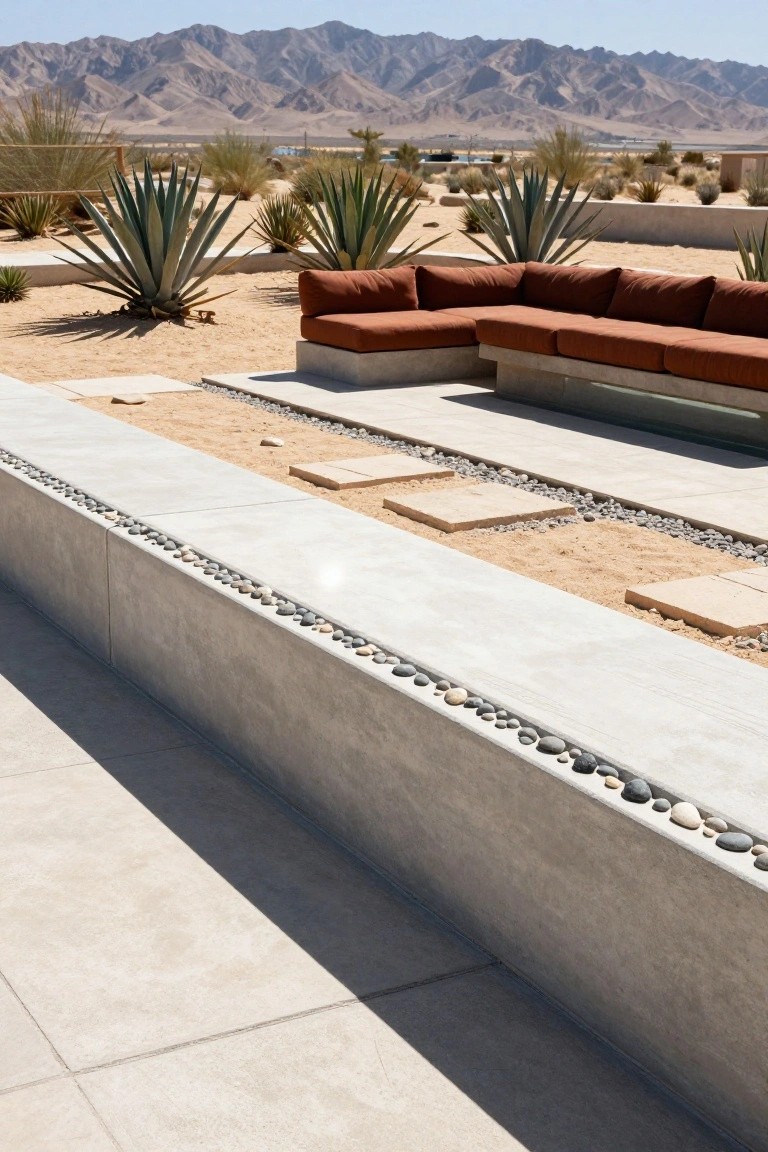 21 Unique Inground Pool Coping Ideas That Refresh Your Space Low concrete retaining wall topped with embedded pebbles along a sandy terrace edged with agave plants, orange L-shaped outdoor sofa nearby, desert mountains in background.