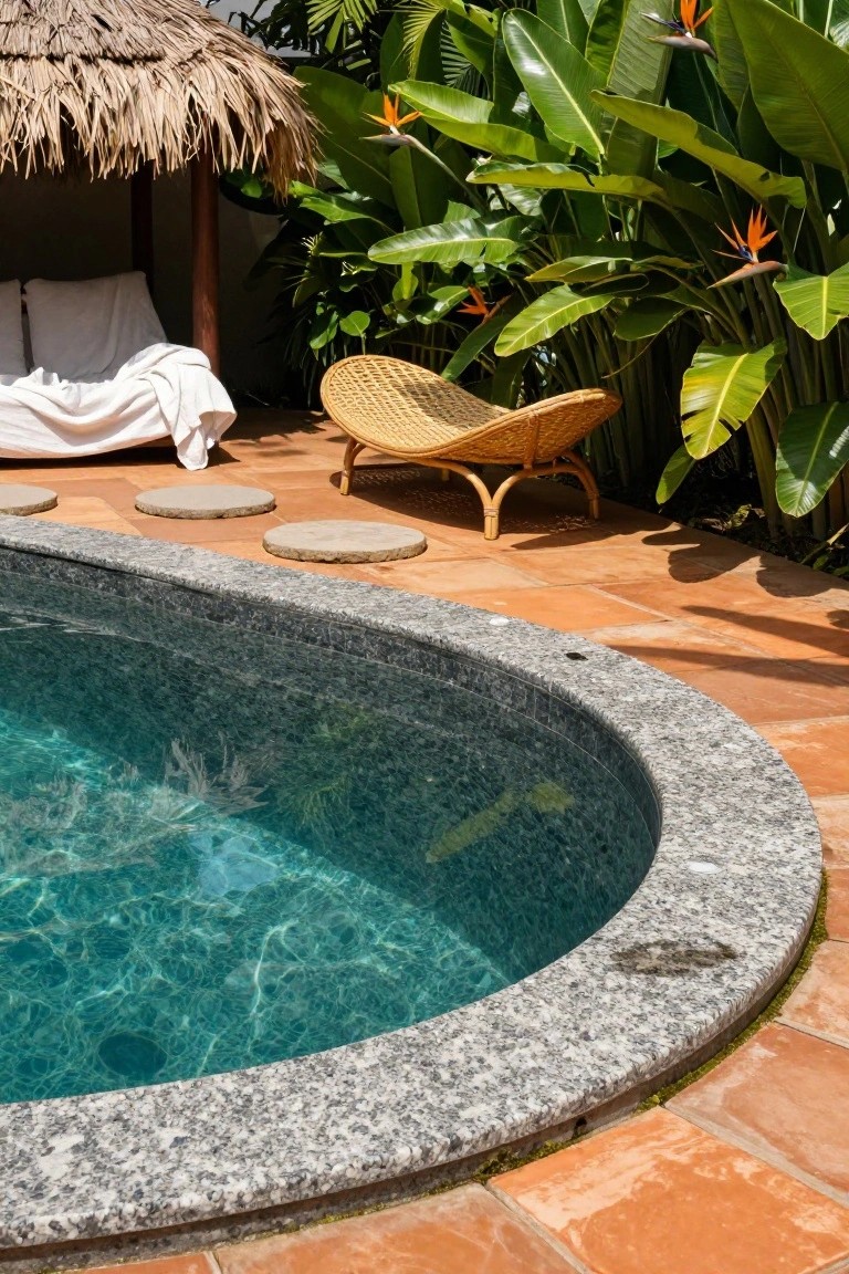 21 Unique Inground Pool Coping Ideas That Refresh Your Space Curved inground pool with polished gray granite coping and blue mosaic interior tiles, surrounded by terracotta pavers, stone steps, a rattan chair, draped daybed under thatched roof, and lush tropical plants.