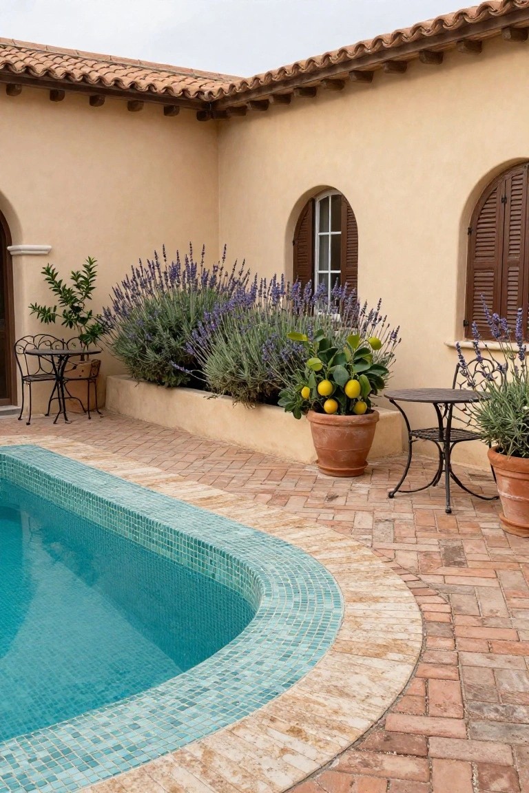 21 Unique Inground Pool Coping Ideas That Refresh Your Space Inground pool with curved turquoise mosaic tile walls, raised light beige stone coping, surrounded by terracotta brick pavers, potted lemon tree and lavender plants, wrought iron tables, next to beige stucco house walls with arched shuttered windows.