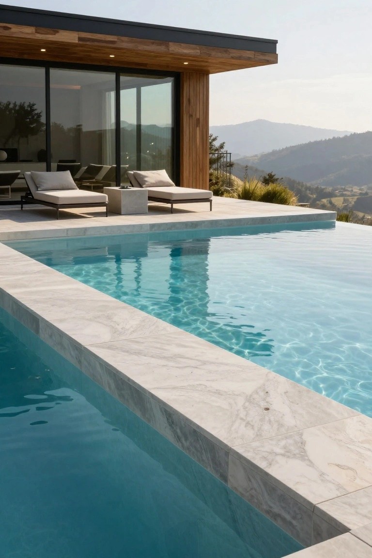 21 Unique Inground Pool Coping Ideas That Refresh Your Space Infinity-edge pool with light gray veined stone coping matching the terrace pavers, two beige loungers on the deck, wooden house wall and large glass windows nearby, hills in background.