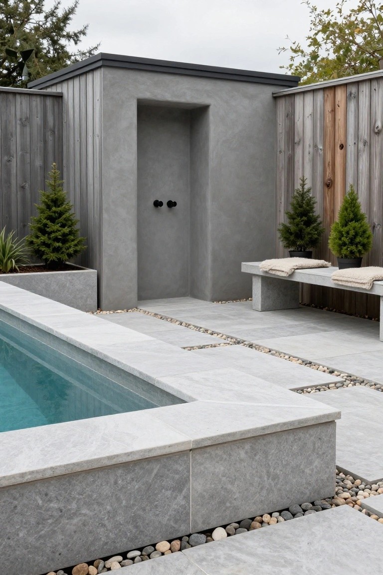 21 Unique Inground Pool Coping Ideas That Refresh Your Space Gray marbled stone pool coping with pebble-filled gaps in the surrounding patio tiles, next to an outdoor shower structure, concrete bench with towels, potted trees, and wooden fence.
