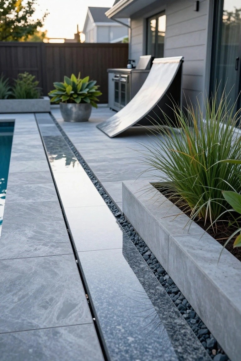 21 Unique Inground Pool Coping Ideas That Refresh Your Space Close-up of an inground pool edge with gray porcelain tiles, a linear slot drain filled with reflective water, adjacent pebble trench, concrete raised planters with grasses, and distant pool water.