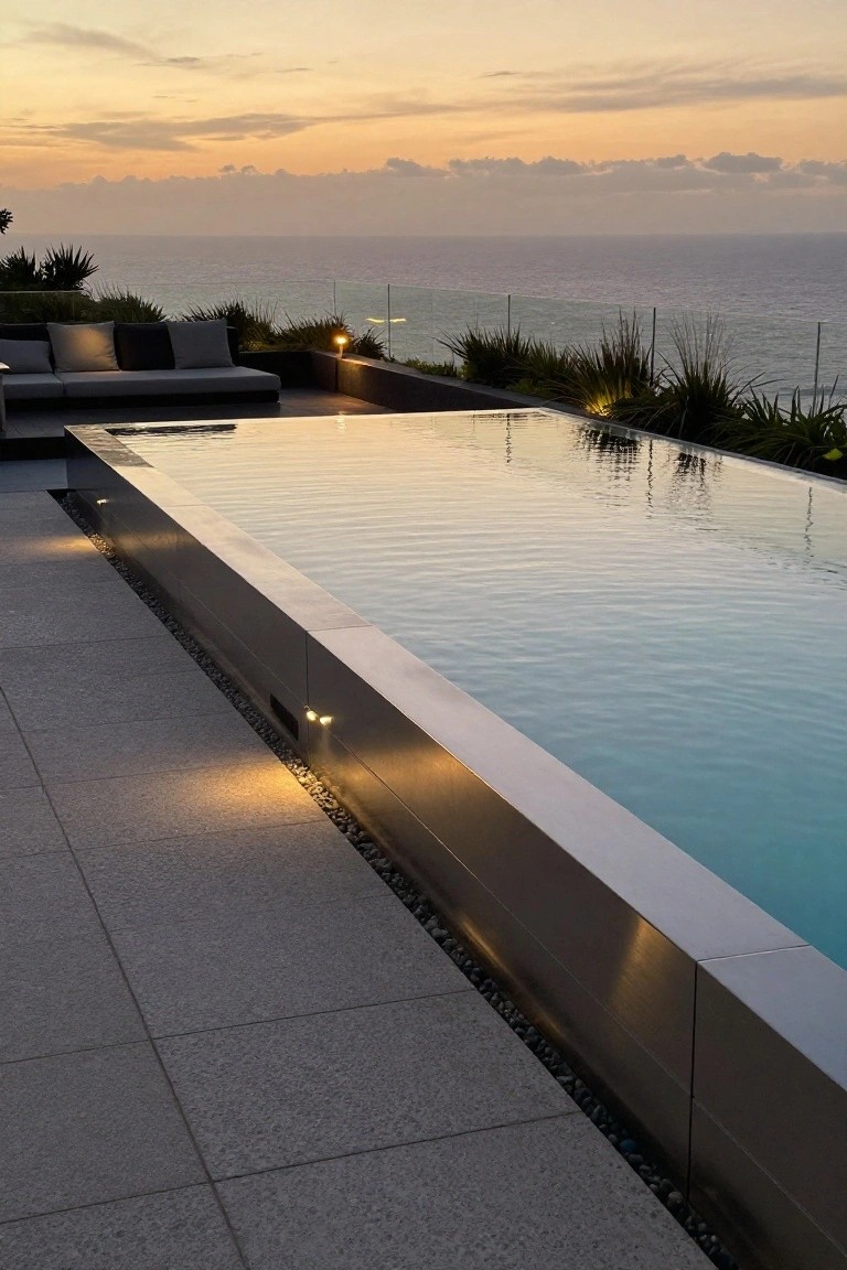 21 Unique Inground Pool Coping Ideas That Refresh Your Space Infinity-edge inground pool with thin metal coping along a terrace deck, overlooking the ocean at sunset, with nearby outdoor sofa, plants, and low lighting.
