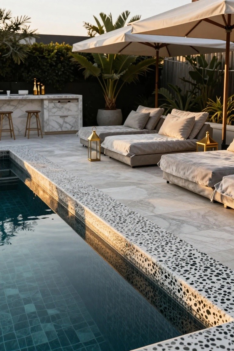 21 Unique Inground Pool Coping Ideas That Refresh Your Space Inground swimming pool with white terrazzo coping featuring embedded black pebbles along the edge, adjacent to gray outdoor daybeds, beige umbrellas, potted plants, and a marble bar in a lush backyard at sunset.