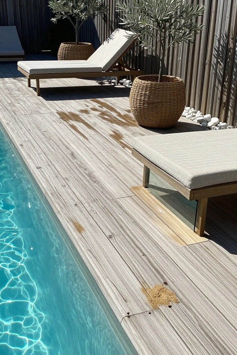 21 Unique Inground Pool Coping Ideas That Refresh Your Space Inground pool edged with light wood decking, featuring three beige lounge chairs along the side, two potted olive trees in woven baskets, white pebbles, and a wooden fence in the background.