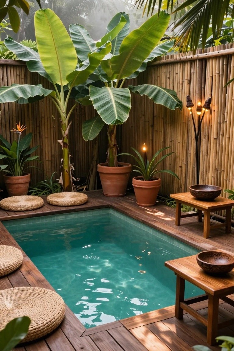 Small turquoise pool on a wooden deck surrounded by woven floor cushions, a wooden side table with a wooden bowl, potted plants, banana trees, and tall bamboo fencing with tiki-style torches.