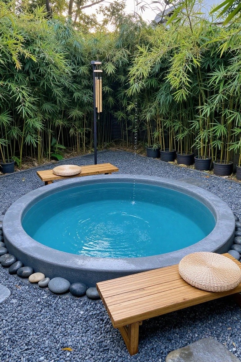 Round turquoise concrete pool embedded in dark gravel yard surrounded by tall bamboo plants and pots, with wooden benches and woven cushions positioned nearby.