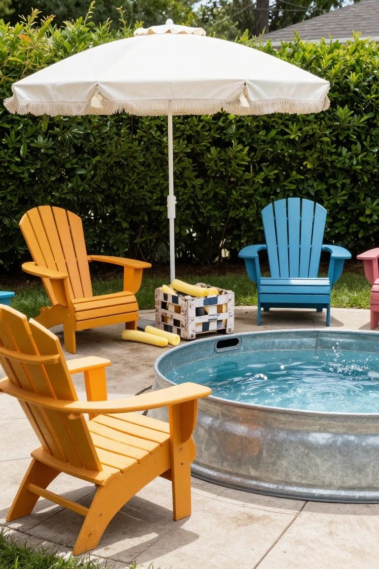Galvanized stock tank pool on concrete patio surrounded by orange, blue, and pink Adirondack chairs under a white fringed umbrella with pool noodles in a nearby basket and hedge backdrop.