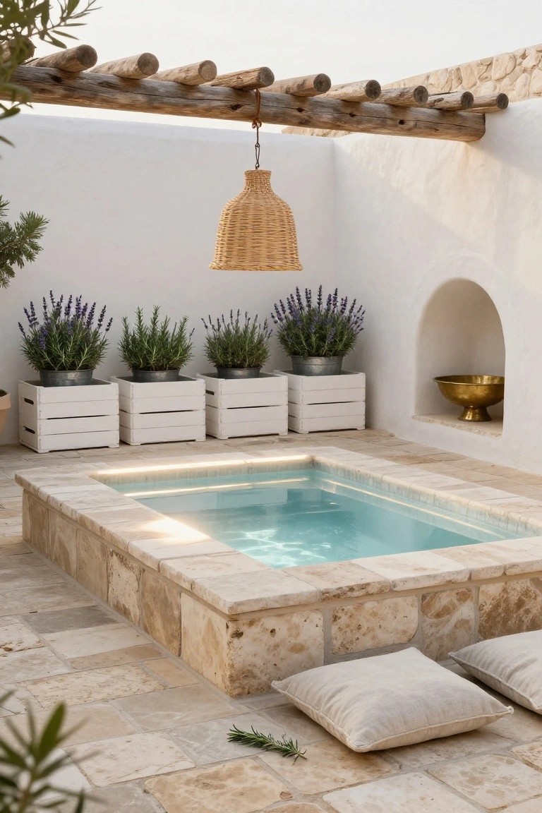 Small rectangular turquoise pool in a beige stone-paved courtyard with white wooden crate planters of lavender and rosemary, hanging woven lantern, linen floor cushions, and brass bowl in white wall niche under rustic wooden beams.